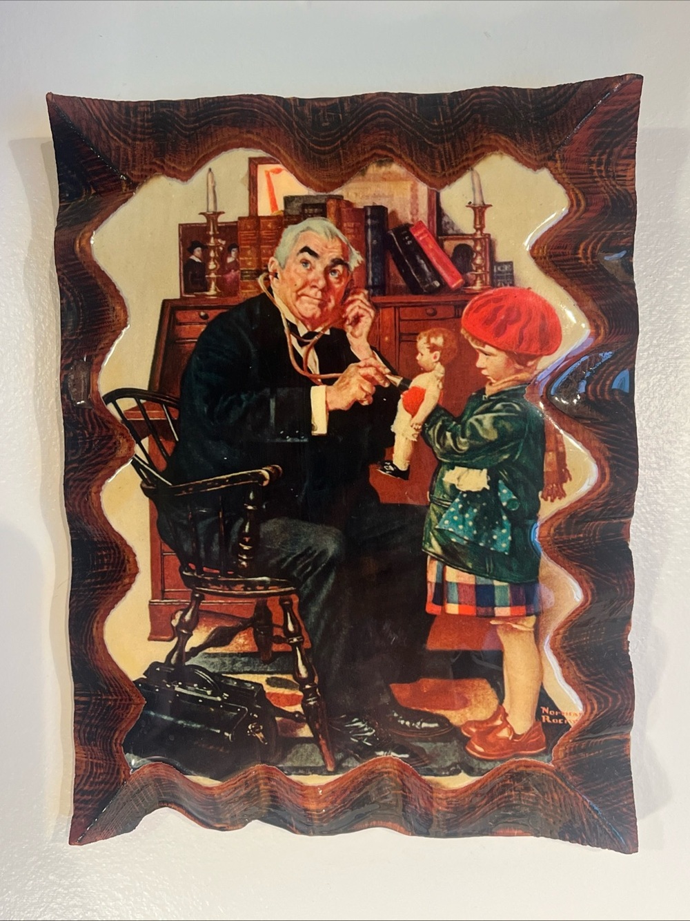 Norman Rockwell Doctor & The Doll Wooden Scalloped Edge Lacquered Wall Plaque